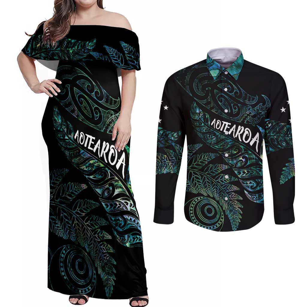Aotearoa Personalized Lawn Bowls Maori Couples Matching Off Shoulder Maxi Dress and Long Sleeve Button Shirt New Zealand Paua Shell Tribal Silver Fern LT7 Green - Polynesian Pride