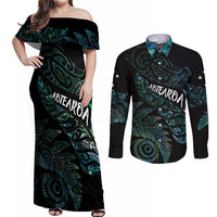 Aotearoa Personalized Lawn Bowls Maori Couples Matching Off Shoulder Maxi Dress and Long Sleeve Button Shirt New Zealand Paua Shell Tribal Silver Fern LT7 Green - Polynesian Pride