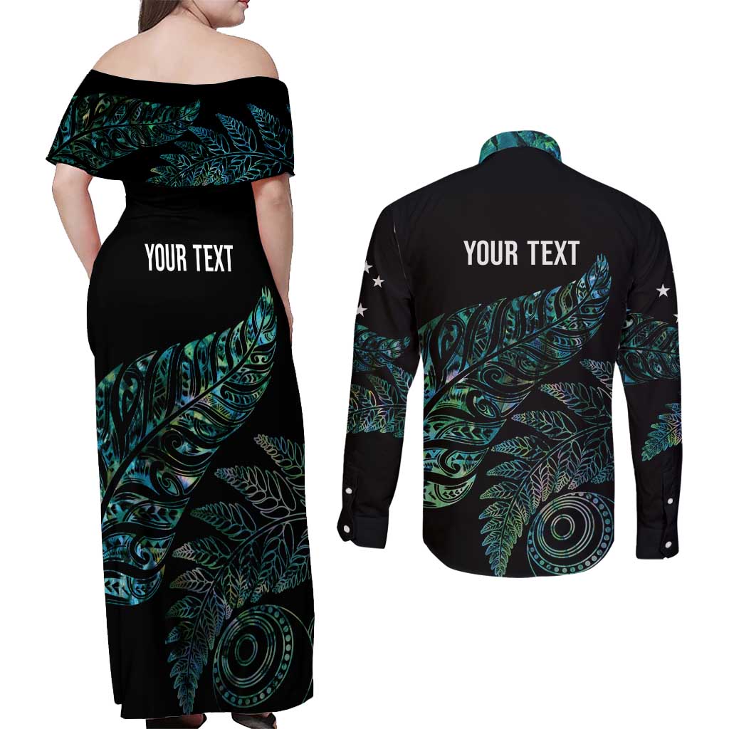 Aotearoa Personalized Lawn Bowls Maori Couples Matching Off Shoulder Maxi Dress and Long Sleeve Button Shirt New Zealand Paua Shell Tribal Silver Fern LT7 - Polynesian Pride