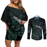 Aotearoa Personalized Lawn Bowls Maori Couples Matching Off Shoulder Short Dress and Long Sleeve Button Shirt New Zealand Paua Shell Tribal Silver Fern LT7 Green - Polynesian Pride
