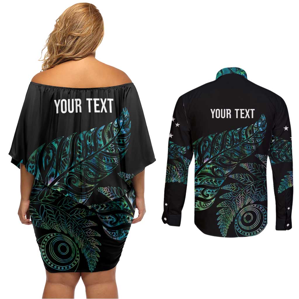 Aotearoa Personalized Lawn Bowls Maori Couples Matching Off Shoulder Short Dress and Long Sleeve Button Shirt New Zealand Paua Shell Tribal Silver Fern LT7 - Polynesian Pride