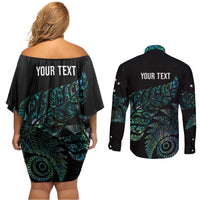 Aotearoa Personalized Lawn Bowls Maori Couples Matching Off Shoulder Short Dress and Long Sleeve Button Shirt New Zealand Paua Shell Tribal Silver Fern LT7 - Polynesian Pride