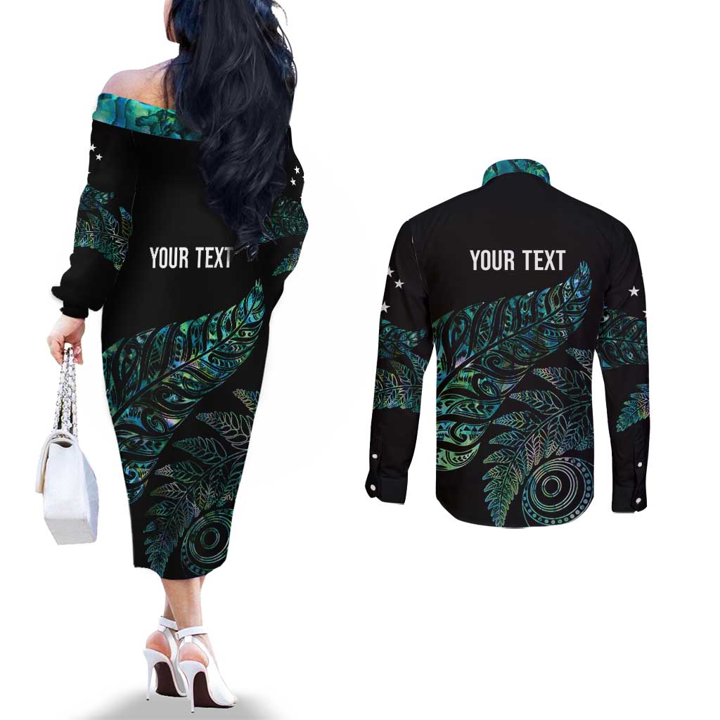 Aotearoa Personalized Lawn Bowls Maori Couples Matching Off The Shoulder Long Sleeve Dress and Long Sleeve Button Shirt New Zealand Paua Shell Tribal Silver Fern LT7 - Polynesian Pride