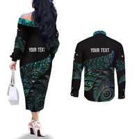 Aotearoa Personalized Lawn Bowls Maori Couples Matching Off The Shoulder Long Sleeve Dress and Long Sleeve Button Shirt New Zealand Paua Shell Tribal Silver Fern LT7 - Polynesian Pride