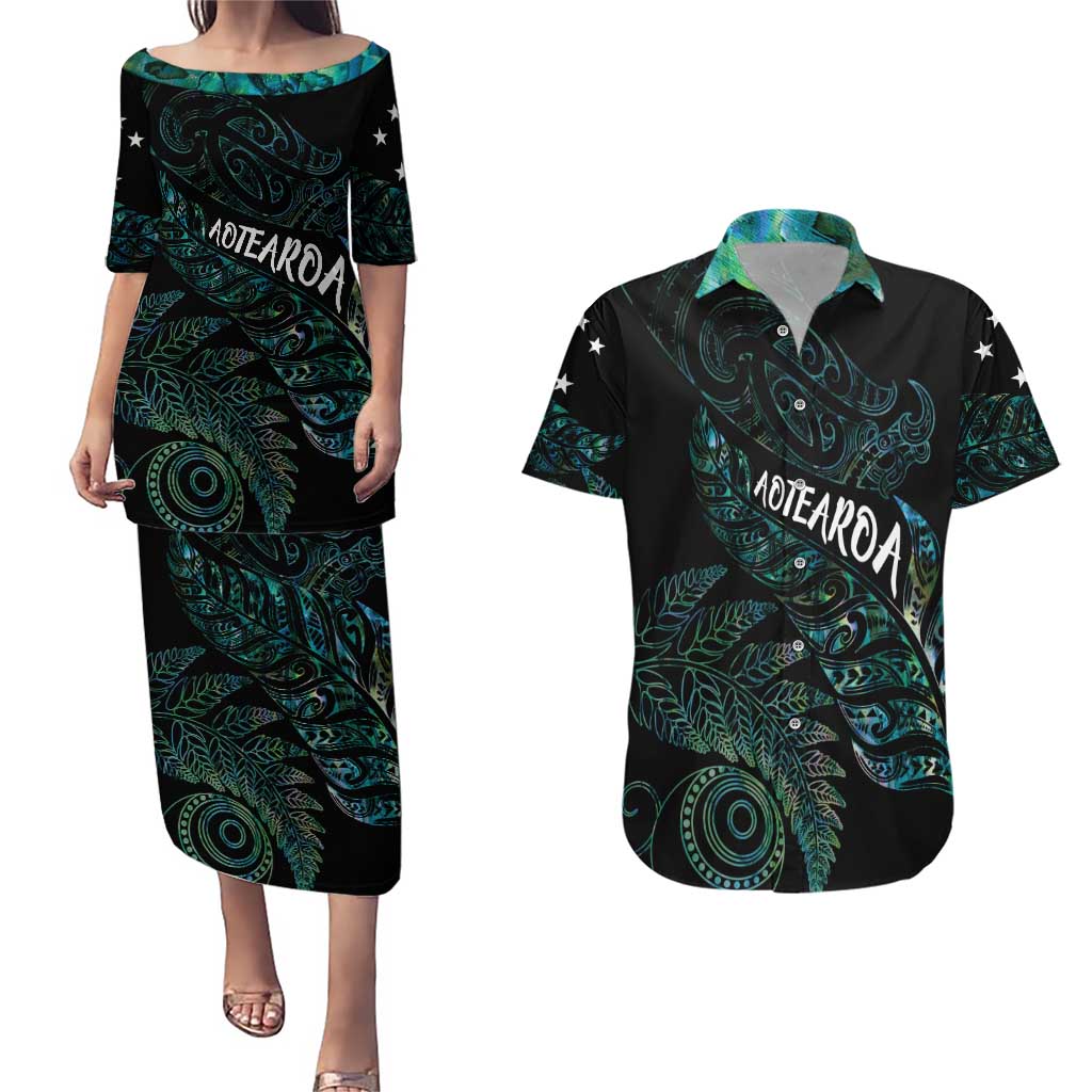 Aotearoa Personalized Lawn Bowls Maori Couples Matching Puletasi and Hawaiian Shirt New Zealand Paua Shell Tribal Silver Fern LT7 Green - Polynesian Pride
