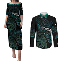 Aotearoa Personalized Lawn Bowls Maori Couples Matching Puletasi and Long Sleeve Button Shirt New Zealand Paua Shell Tribal Silver Fern LT7 Green - Polynesian Pride