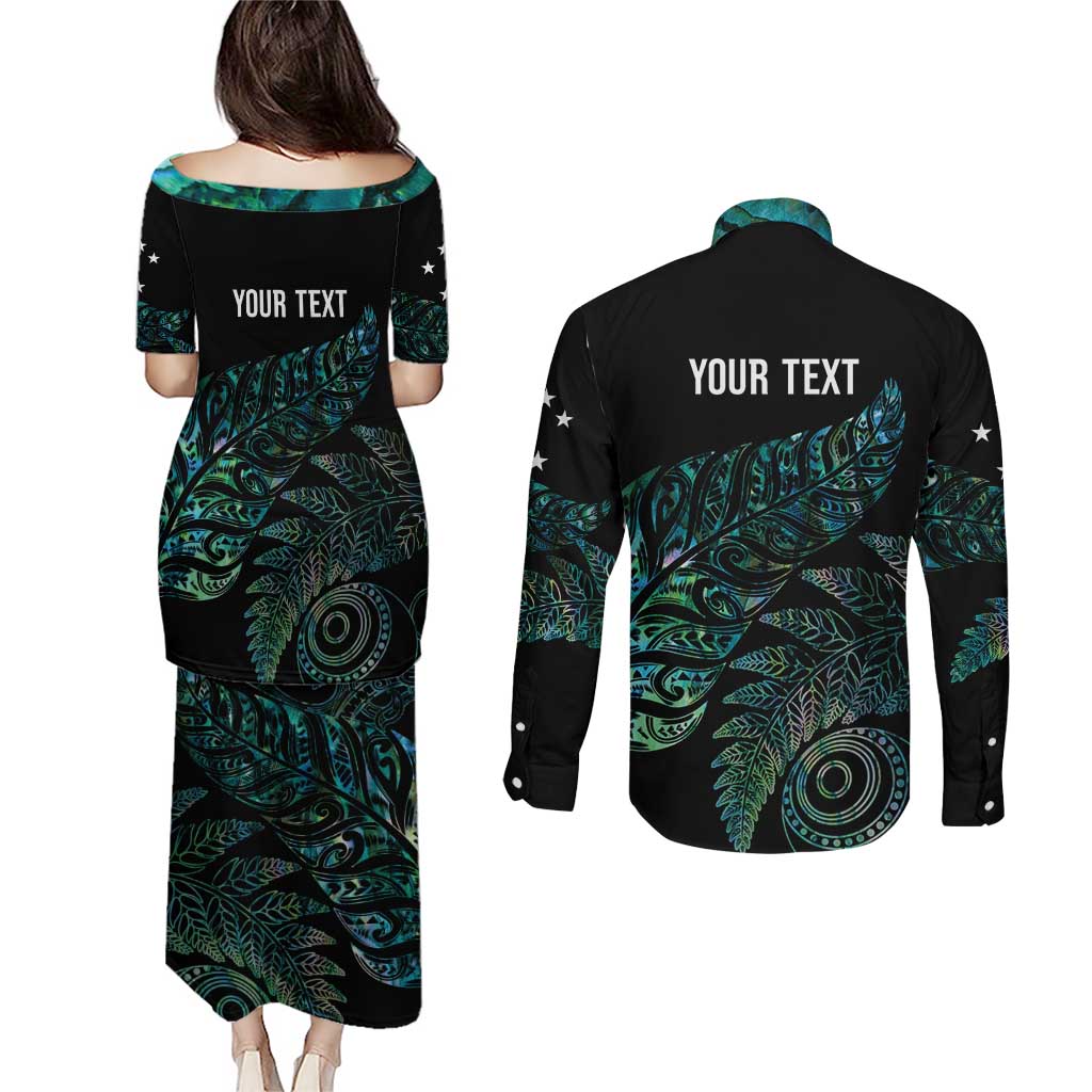 Aotearoa Personalized Lawn Bowls Maori Couples Matching Puletasi and Long Sleeve Button Shirt New Zealand Paua Shell Tribal Silver Fern LT7 - Polynesian Pride