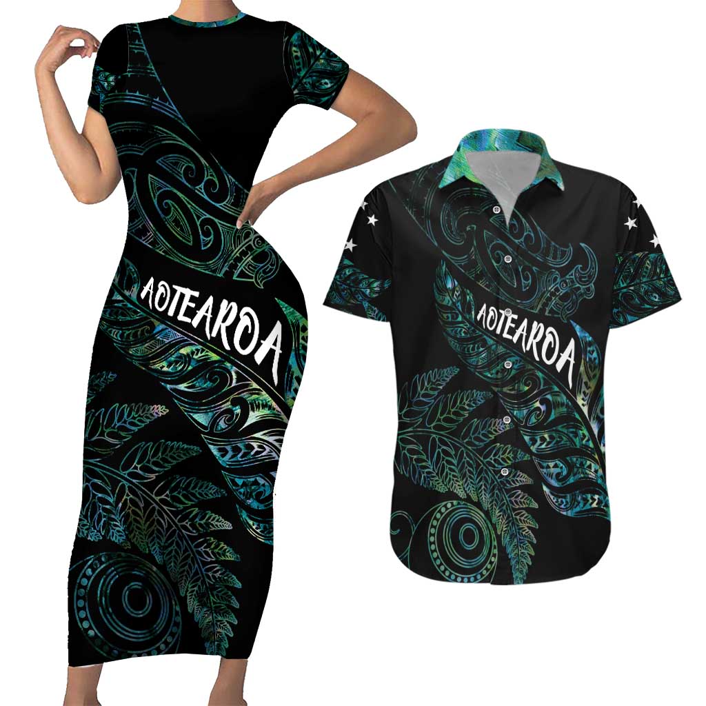 Aotearoa Personalized Lawn Bowls Maori Couples Matching Short Sleeve Bodycon Dress and Hawaiian Shirt New Zealand Paua Shell Tribal Silver Fern LT7 Green - Polynesian Pride
