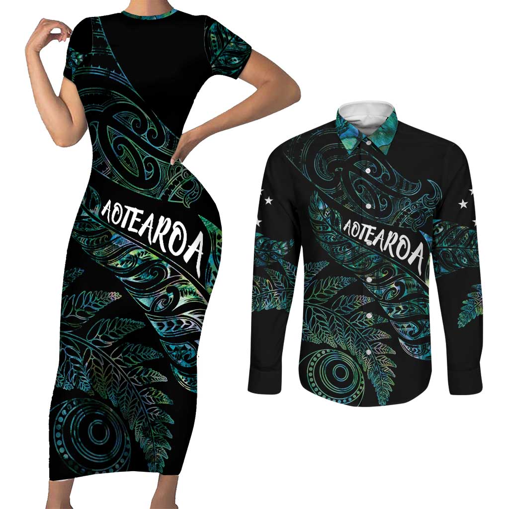 Aotearoa Personalized Lawn Bowls Maori Couples Matching Short Sleeve Bodycon Dress and Long Sleeve Button Shirt New Zealand Paua Shell Tribal Silver Fern LT7 Green - Polynesian Pride