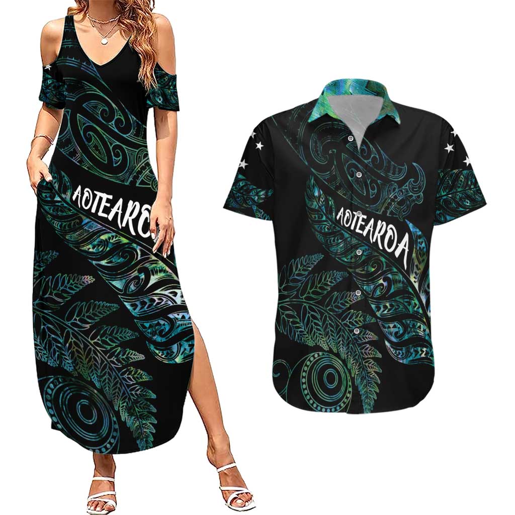 Aotearoa Personalized Lawn Bowls Maori Couples Matching Summer Maxi Dress and Hawaiian Shirt New Zealand Paua Shell Tribal Silver Fern - Polynesian Pride