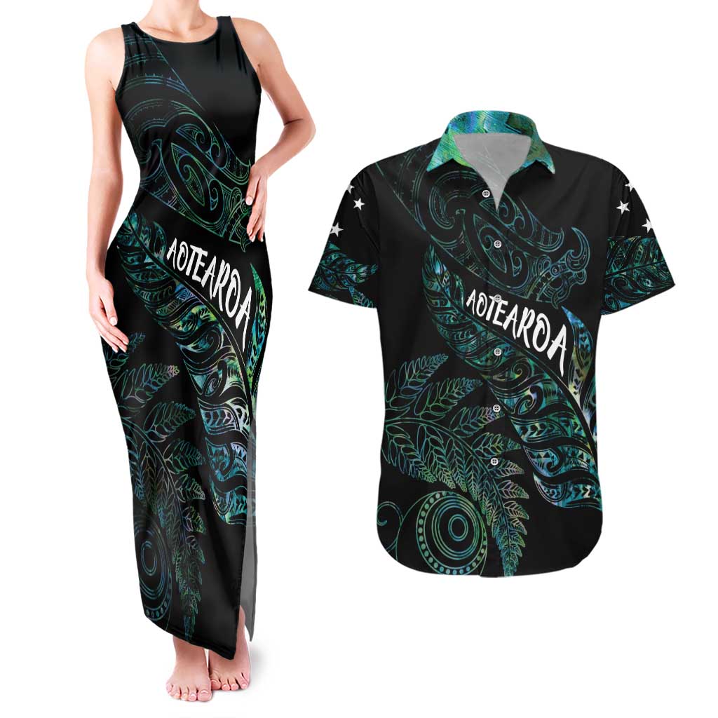 Aotearoa Personalized Lawn Bowls Maori Couples Matching Tank Maxi Dress and Hawaiian Shirt New Zealand Paua Shell Tribal Silver Fern LT7 Green - Polynesian Pride