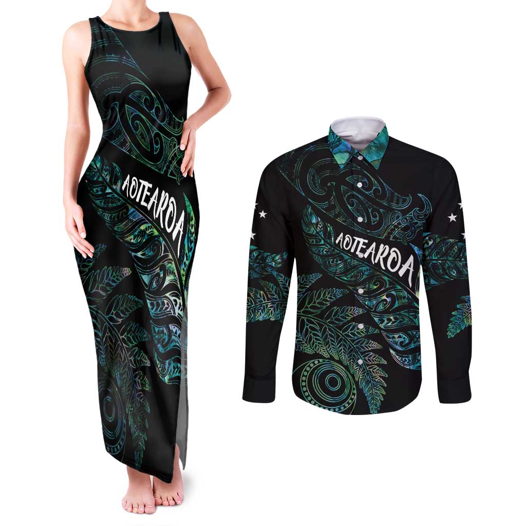 Aotearoa Personalized Lawn Bowls Maori Couples Matching Tank Maxi Dress and Long Sleeve Button Shirt New Zealand Paua Shell Tribal Silver Fern - Polynesian Pride