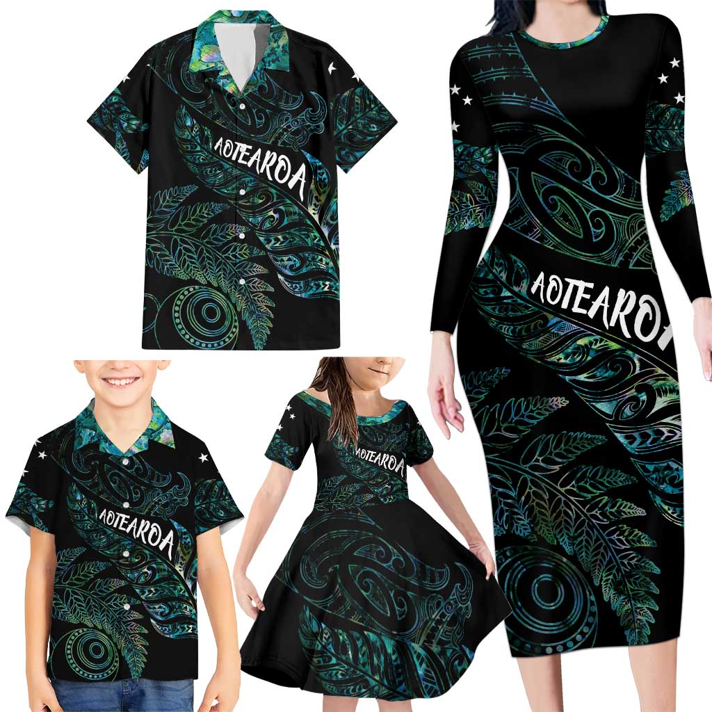 Aotearoa Personalized Lawn Bowls Maori Family Matching Long Sleeve Bodycon Dress and Hawaiian Shirt New Zealand Paua Shell Tribal Silver Fern LT7 - Polynesian Pride
