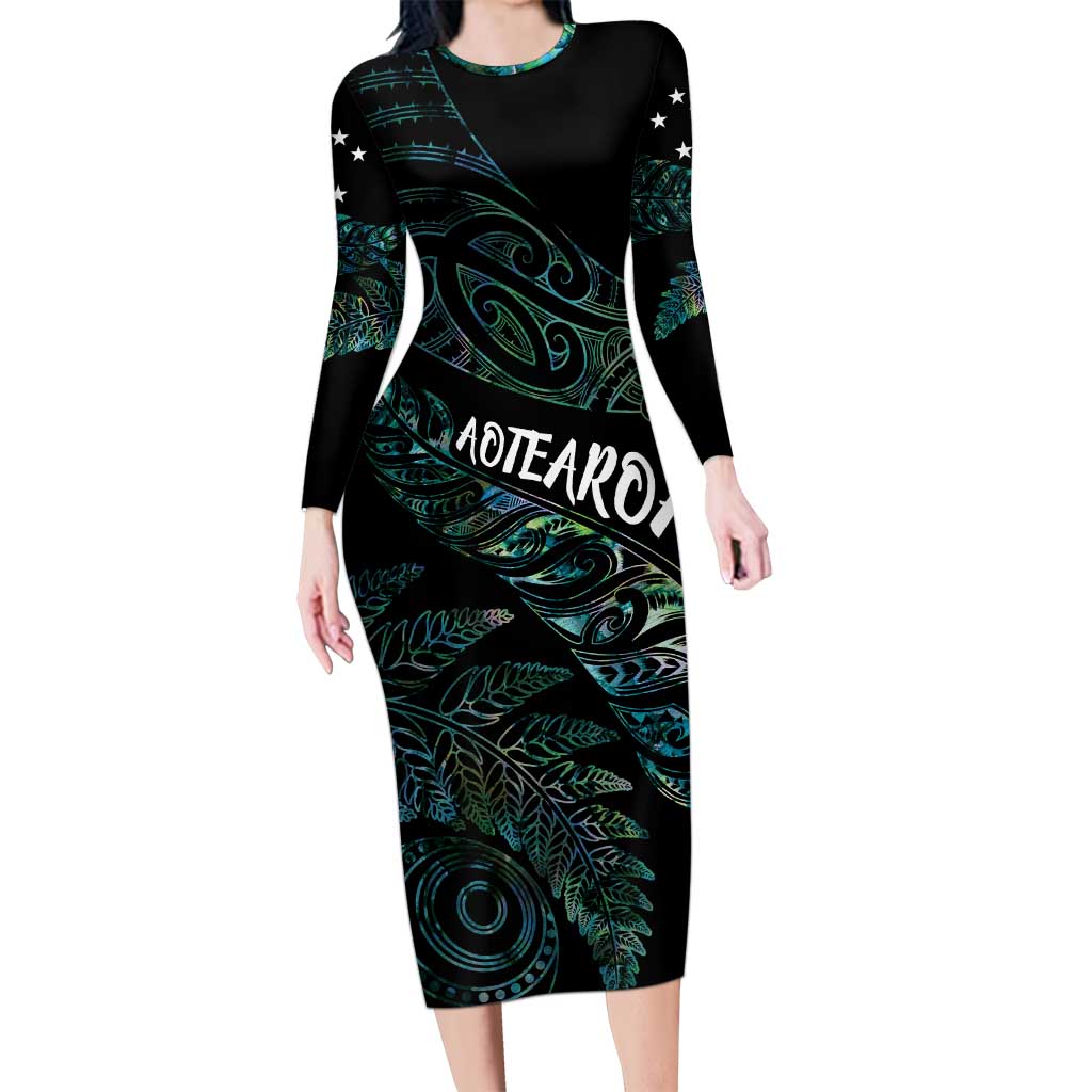 Aotearoa Personalized Lawn Bowls Maori Family Matching Long Sleeve Bodycon Dress and Hawaiian Shirt New Zealand Paua Shell Tribal Silver Fern LT7 Mom's Dress Green - Polynesian Pride