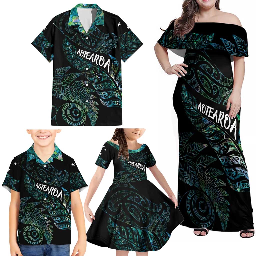 Aotearoa Personalized Lawn Bowls Maori Family Matching Off Shoulder Maxi Dress and Hawaiian Shirt New Zealand Paua Shell Tribal Silver Fern LT7 - Polynesian Pride