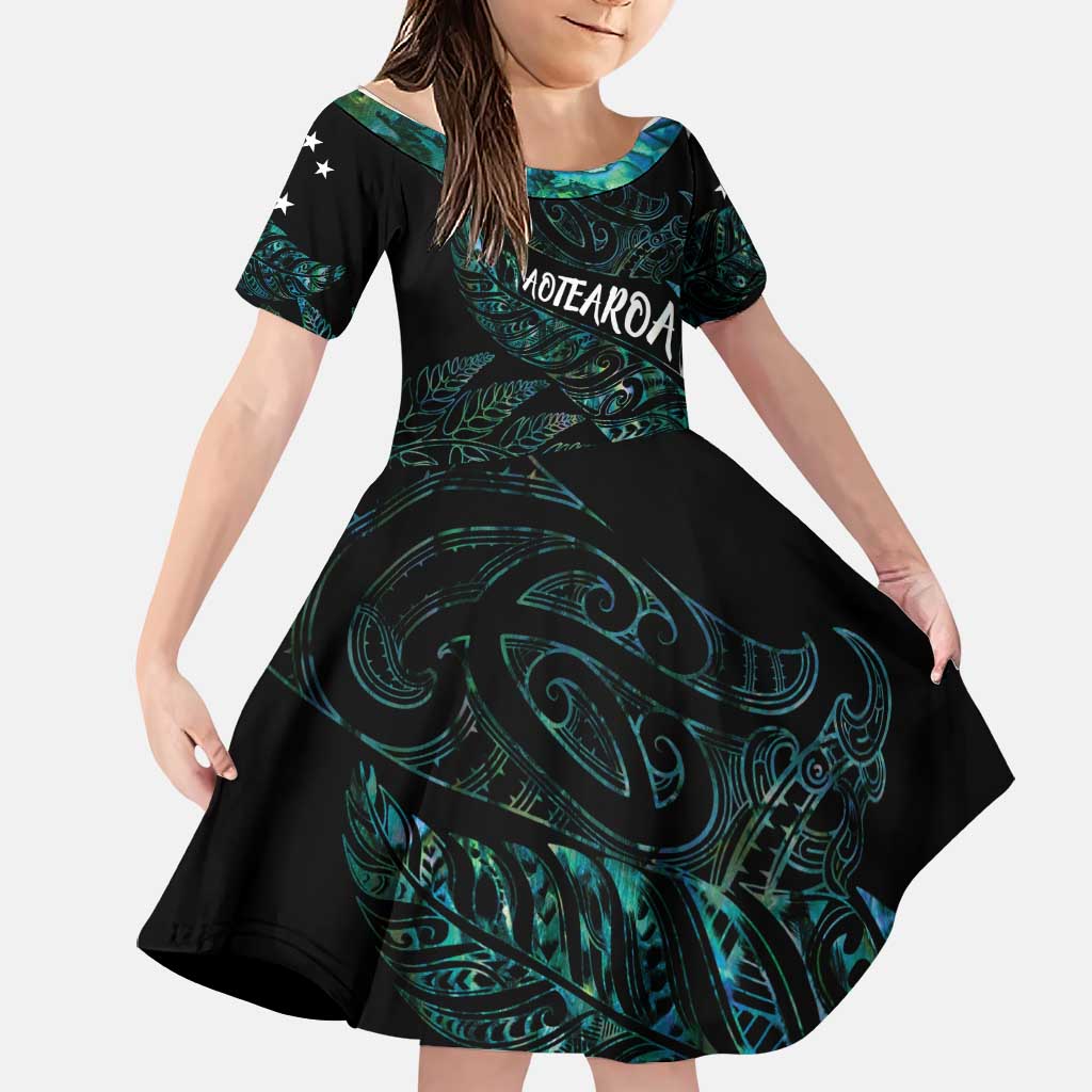 Aotearoa Personalized Lawn Bowls Maori Family Matching Off Shoulder Short Dress and Hawaiian Shirt New Zealand Paua Shell Tribal Silver Fern LT7 Daughter's Dress Green - Polynesian Pride