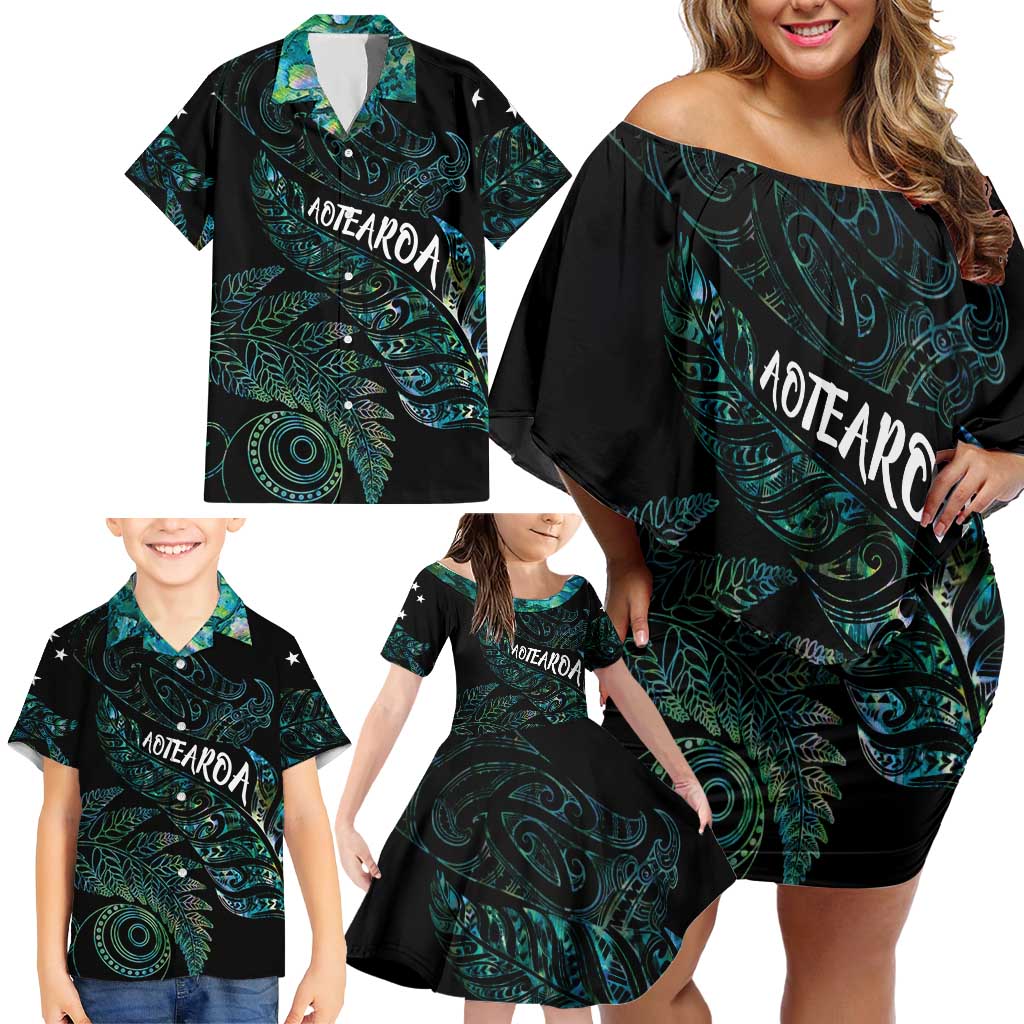 Aotearoa Personalized Lawn Bowls Maori Family Matching Off Shoulder Short Dress and Hawaiian Shirt New Zealand Paua Shell Tribal Silver Fern LT7 - Polynesian Pride