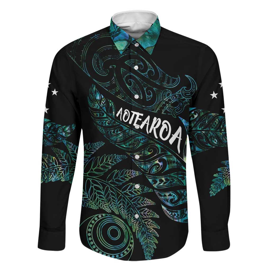Aotearoa Personalized Lawn Bowls Maori Family Matching Off Shoulder Short Dress and Hawaiian Shirt New Zealand Paua Shell Tribal Silver Fern LT7 Dad's Shirt - Long Sleeve Green - Polynesian Pride