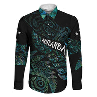 Aotearoa Personalized Lawn Bowls Maori Family Matching Summer Maxi Dress and Hawaiian Shirt New Zealand Paua Shell Tribal Silver Fern LT7 Dad's Shirt - Long Sleeve Green - Polynesian Pride