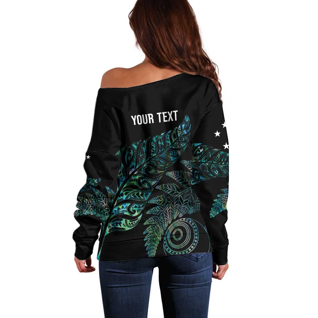 Aotearoa Personalized Lawn Bowls Maori Off Shoulder Sweater New Zealand Paua Shell Tribal Silver Fern - Polynesian Pride