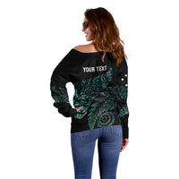 Aotearoa Personalized Lawn Bowls Maori Off Shoulder Sweater New Zealand Paua Shell Tribal Silver Fern - Polynesian Pride
