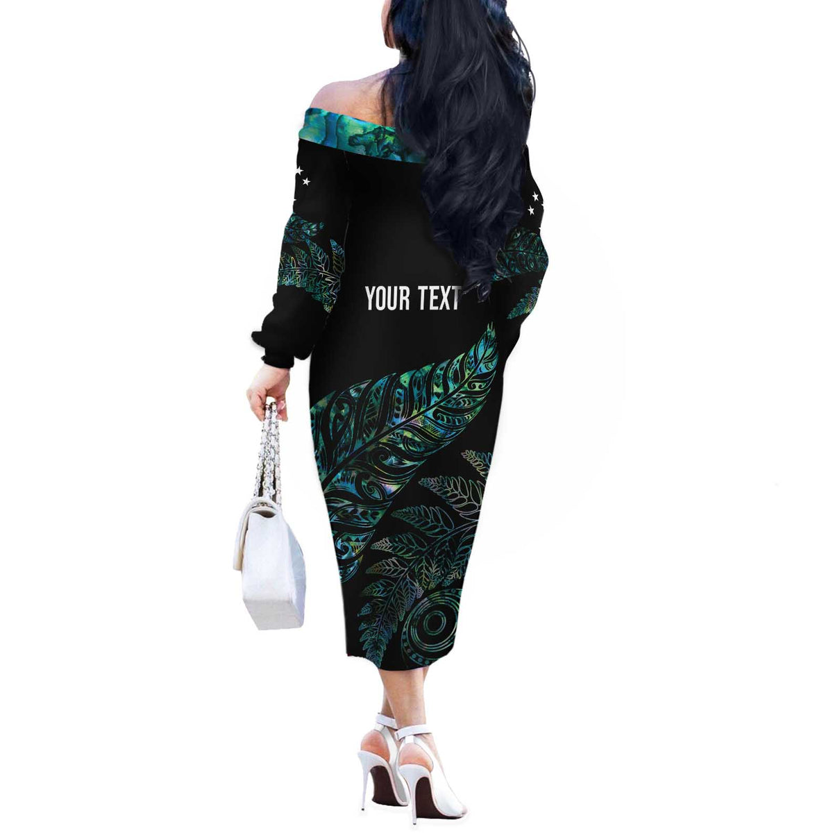 Aotearoa Personalized Lawn Bowls Maori Off The Shoulder Long Sleeve Dress New Zealand Paua Shell Tribal Silver Fern LT7 - Polynesian Pride