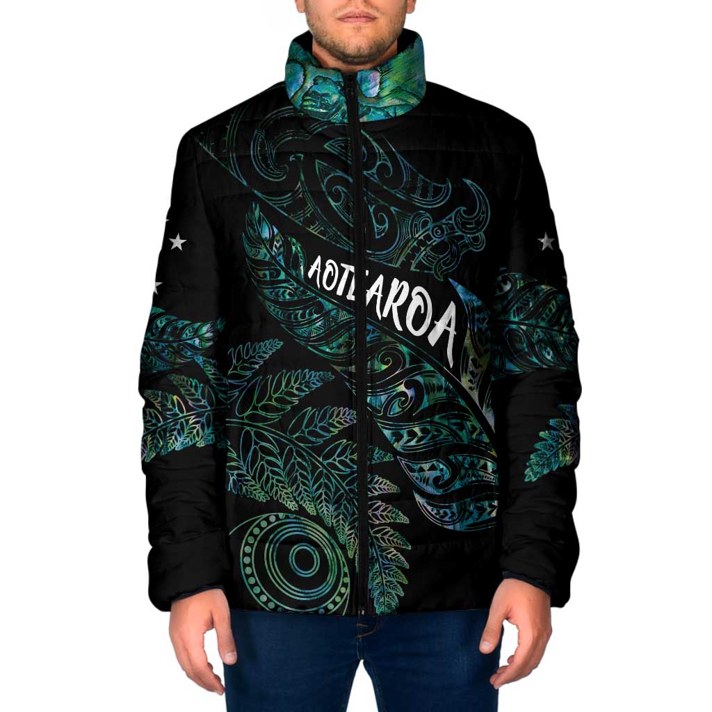 Aotearoa Personalized Lawn Bowls Maori Padded Jacket New Zealand Paua Shell Tribal Silver Fern LT7 Men Green - Polynesian Pride