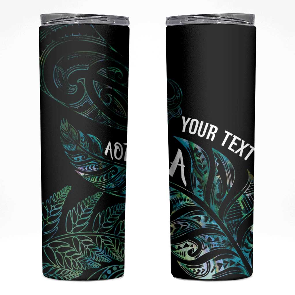 Aotearoa Personalized Lawn Bowls Maori Skinny Tumbler New Zealand Paua Shell Tribal Silver Fern LT7 Green - Polynesian Pride