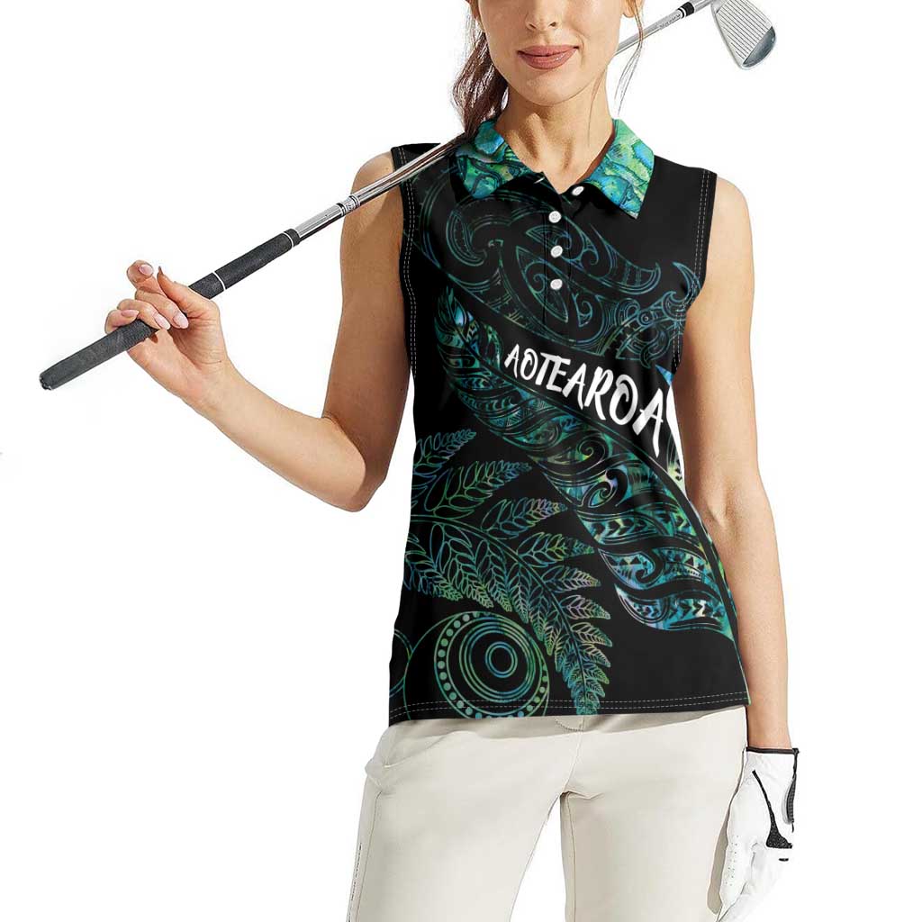 Aotearoa Personalized Lawn Bowls Maori Women Sleeveless Polo Shirt New Zealand Paua Shell Tribal Silver Fern LT7 - Polynesian Pride