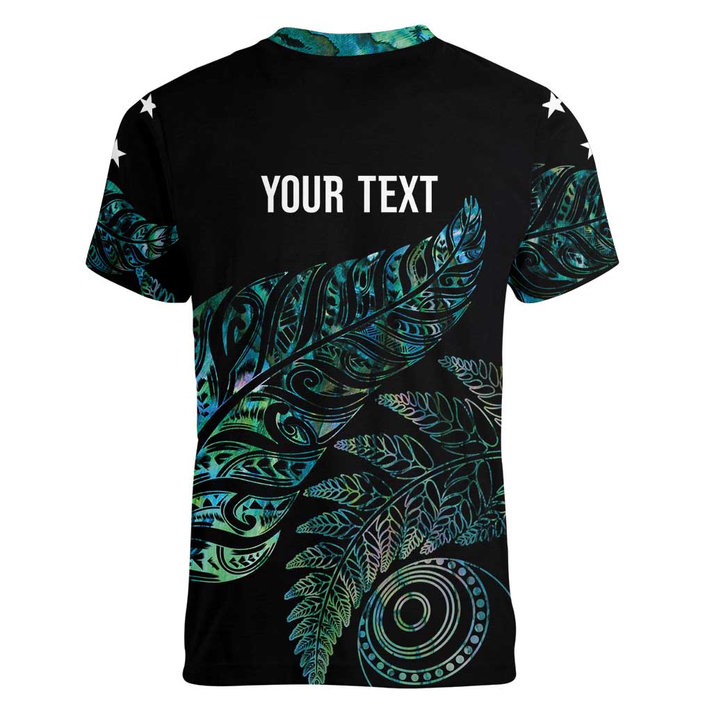 Aotearoa Personalized Lawn Bowls Maori Women V-Neck T-Shirt New Zealand Paua Shell Tribal Silver Fern LT7 - Polynesian Pride