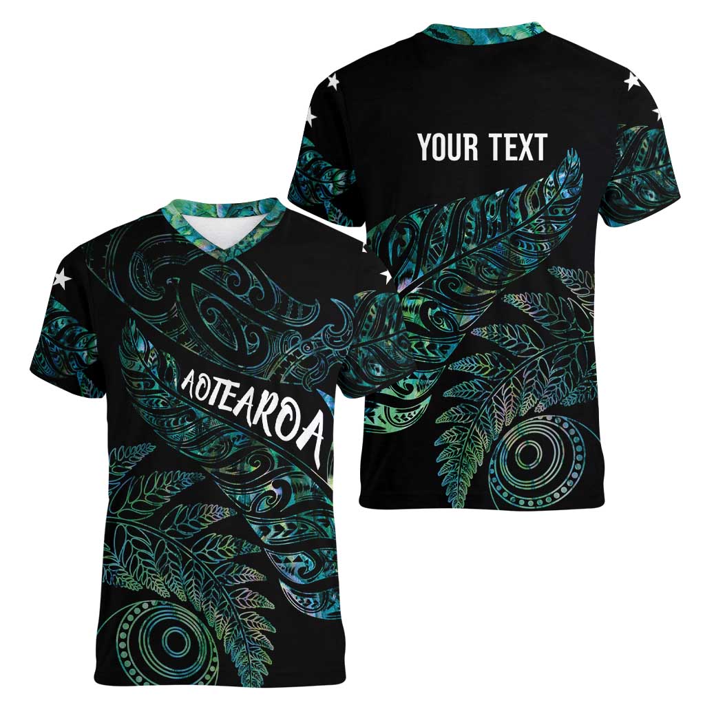 Aotearoa Personalized Lawn Bowls Maori Women V-Neck T-Shirt New Zealand Paua Shell Tribal Silver Fern LT7 - Polynesian Pride