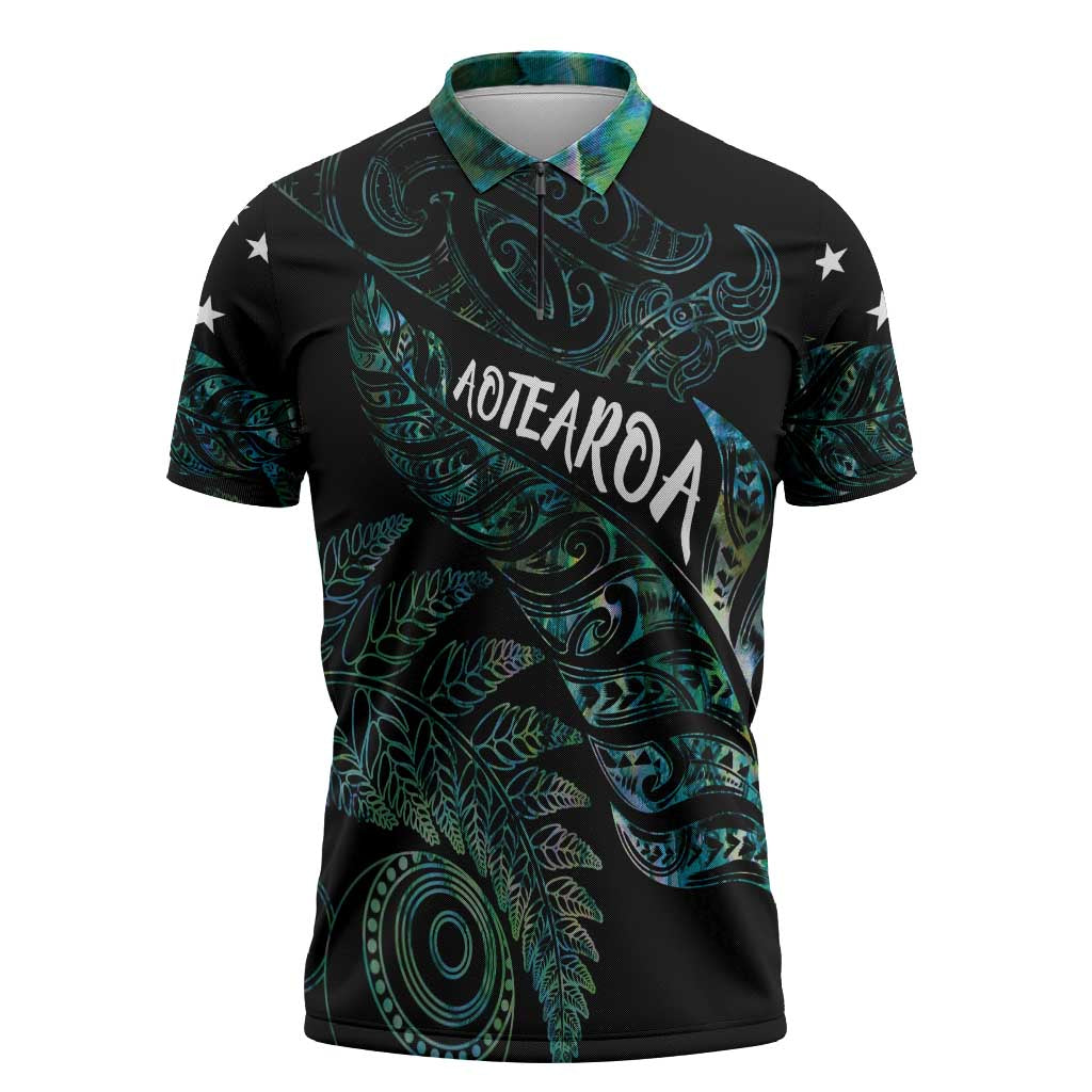 Aotearoa Personalized Lawn Bowls Maori Zipper Polo Shirt New Zealand Paua Shell Tribal Silver Fern - Polynesian Pride
