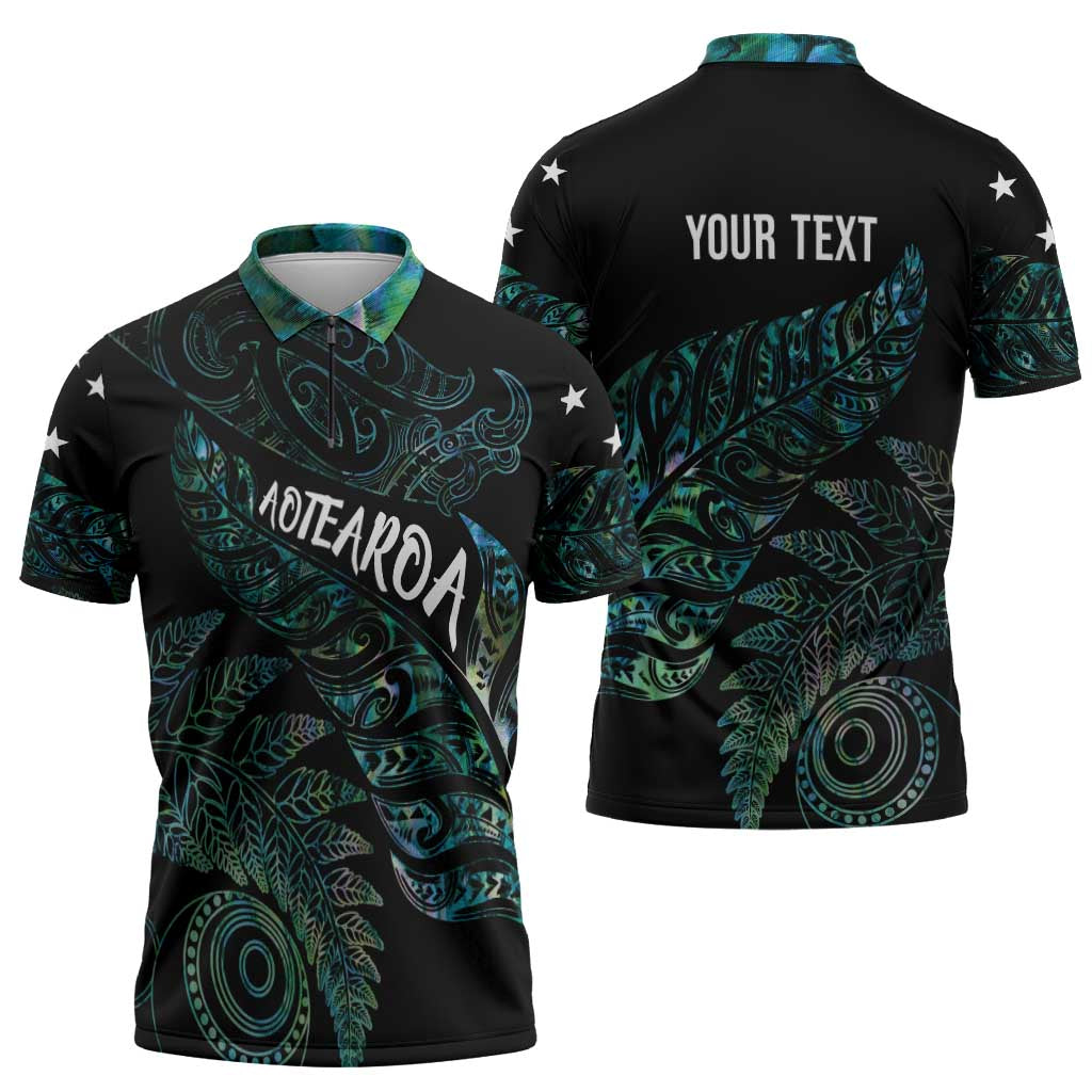 Aotearoa Personalized Lawn Bowls Maori Zipper Polo Shirt New Zealand Paua Shell Tribal Silver Fern - Polynesian Pride