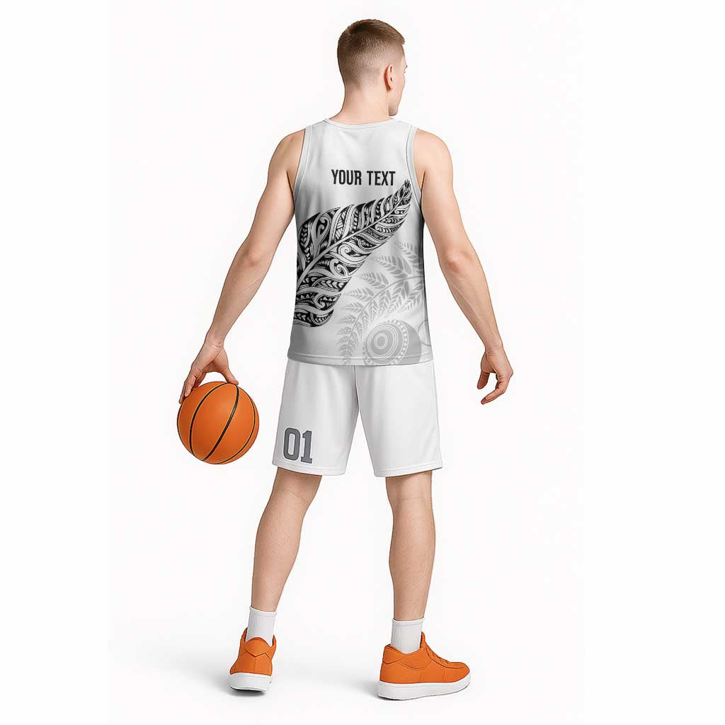 Aotearoa Personalized Lawn Bowls Maori Basketball Jersey New Zealand White Tribal Silver Fern - Polynesian Pride