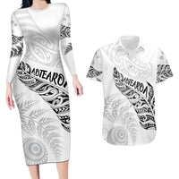 Aotearoa Personalized Lawn Bowls Maori Couples Matching Long Sleeve Bodycon Dress and Hawaiian Shirt New Zealand White Tribal Silver Fern LT7 White - Polynesian Pride