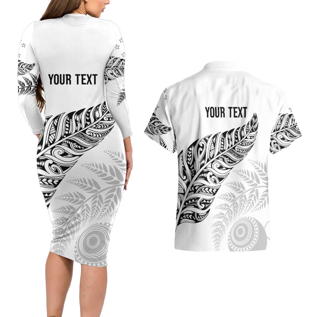 Aotearoa Personalized Lawn Bowls Maori Couples Matching Long Sleeve Bodycon Dress and Hawaiian Shirt New Zealand White Tribal Silver Fern LT7 - Polynesian Pride