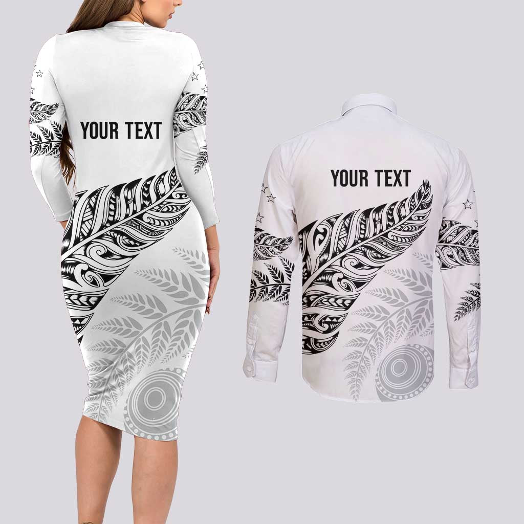 Aotearoa Personalized Lawn Bowls Maori Couples Matching Long Sleeve Bodycon Dress and Long Sleeve Button Shirt New Zealand White Tribal Silver Fern LT7 - Polynesian Pride