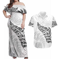 Aotearoa Personalized Lawn Bowls Maori Couples Matching Off Shoulder Maxi Dress and Hawaiian Shirt New Zealand White Tribal Silver Fern LT7 White - Polynesian Pride