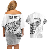 Aotearoa Personalized Lawn Bowls Maori Couples Matching Off Shoulder Short Dress and Hawaiian Shirt New Zealand White Tribal Silver Fern LT7 - Polynesian Pride