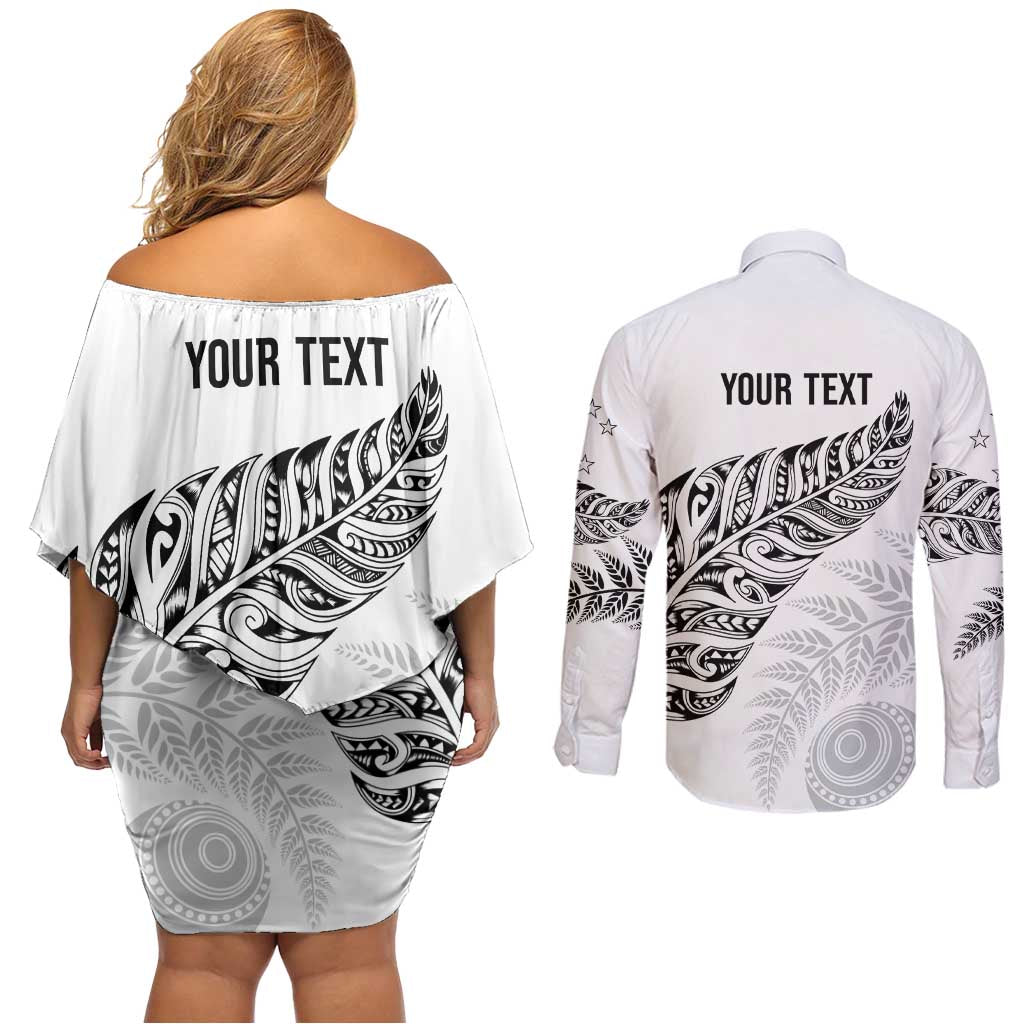 Aotearoa Personalized Lawn Bowls Maori Couples Matching Off Shoulder Short Dress and Long Sleeve Button Shirt New Zealand White Tribal Silver Fern LT7 - Polynesian Pride