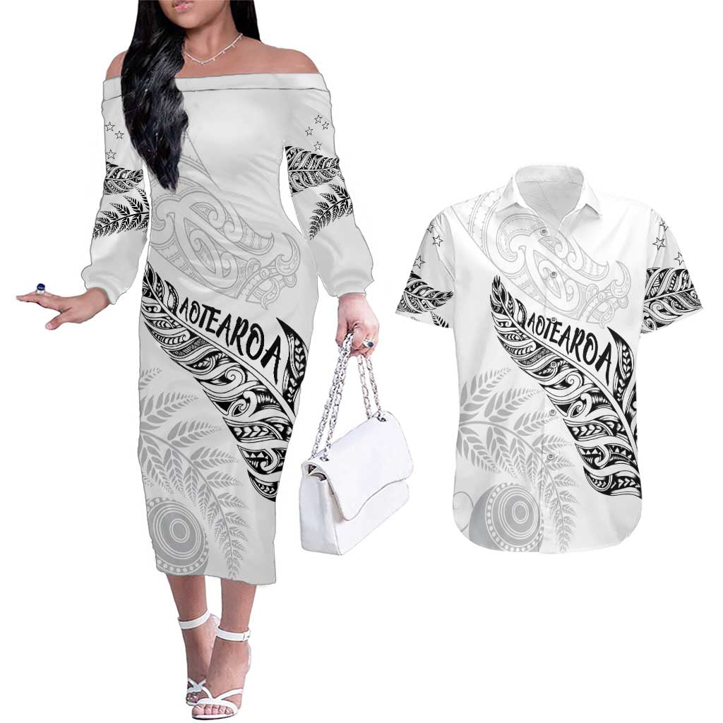 Aotearoa Personalized Lawn Bowls Maori Couples Matching Off The Shoulder Long Sleeve Dress and Hawaiian Shirt New Zealand White Tribal Silver Fern - Polynesian Pride