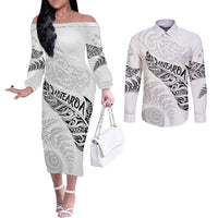 Aotearoa Personalized Lawn Bowls Maori Couples Matching Off The Shoulder Long Sleeve Dress and Long Sleeve Button Shirt New Zealand White Tribal Silver Fern LT7 White - Polynesian Pride
