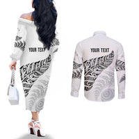 Aotearoa Personalized Lawn Bowls Maori Couples Matching Off The Shoulder Long Sleeve Dress and Long Sleeve Button Shirt New Zealand White Tribal Silver Fern LT7 - Polynesian Pride