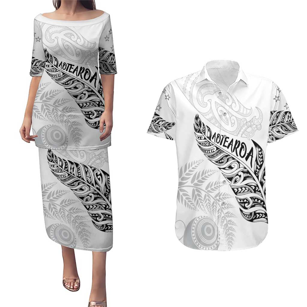 Aotearoa Personalized Lawn Bowls Maori Couples Matching Puletasi and Hawaiian Shirt New Zealand White Tribal Silver Fern LT7 White - Polynesian Pride