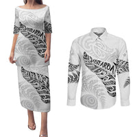 Aotearoa Personalized Lawn Bowls Maori Couples Matching Puletasi and Long Sleeve Button Shirt New Zealand White Tribal Silver Fern LT7 White - Polynesian Pride