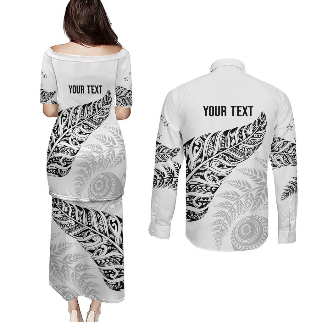 Aotearoa Personalized Lawn Bowls Maori Couples Matching Puletasi and Long Sleeve Button Shirt New Zealand White Tribal Silver Fern LT7 - Polynesian Pride