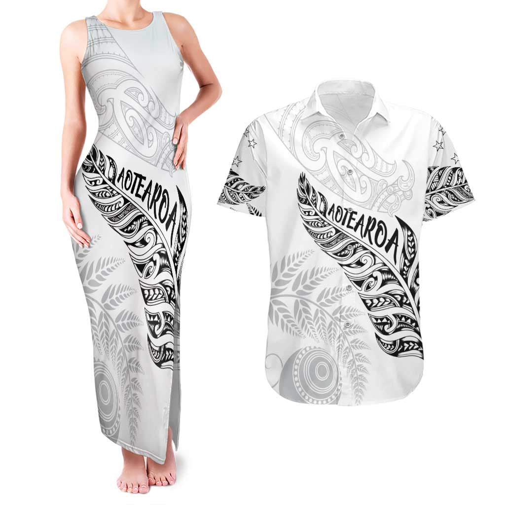 Aotearoa Personalized Lawn Bowls Maori Couples Matching Tank Maxi Dress and Hawaiian Shirt New Zealand White Tribal Silver Fern LT7 White - Polynesian Pride