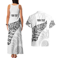 Aotearoa Personalized Lawn Bowls Maori Couples Matching Tank Maxi Dress and Hawaiian Shirt New Zealand White Tribal Silver Fern LT7 - Polynesian Pride