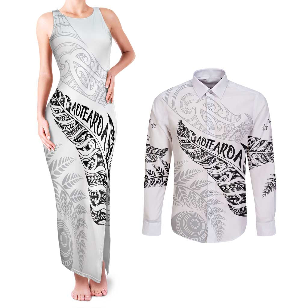 Aotearoa Personalized Lawn Bowls Maori Couples Matching Tank Maxi Dress and Long Sleeve Button Shirt New Zealand White Tribal Silver Fern LT7 White - Polynesian Pride