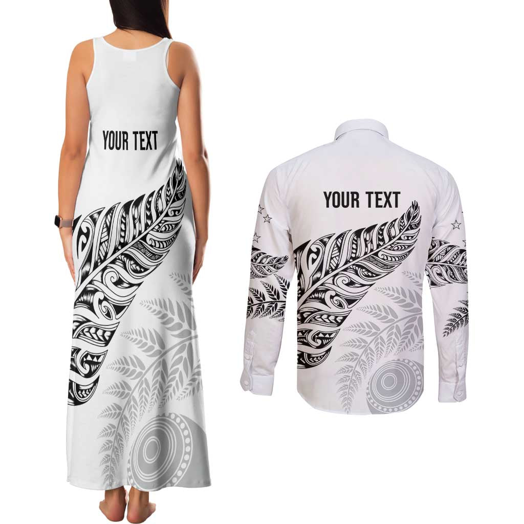 Aotearoa Personalized Lawn Bowls Maori Couples Matching Tank Maxi Dress and Long Sleeve Button Shirt New Zealand White Tribal Silver Fern LT7 - Polynesian Pride